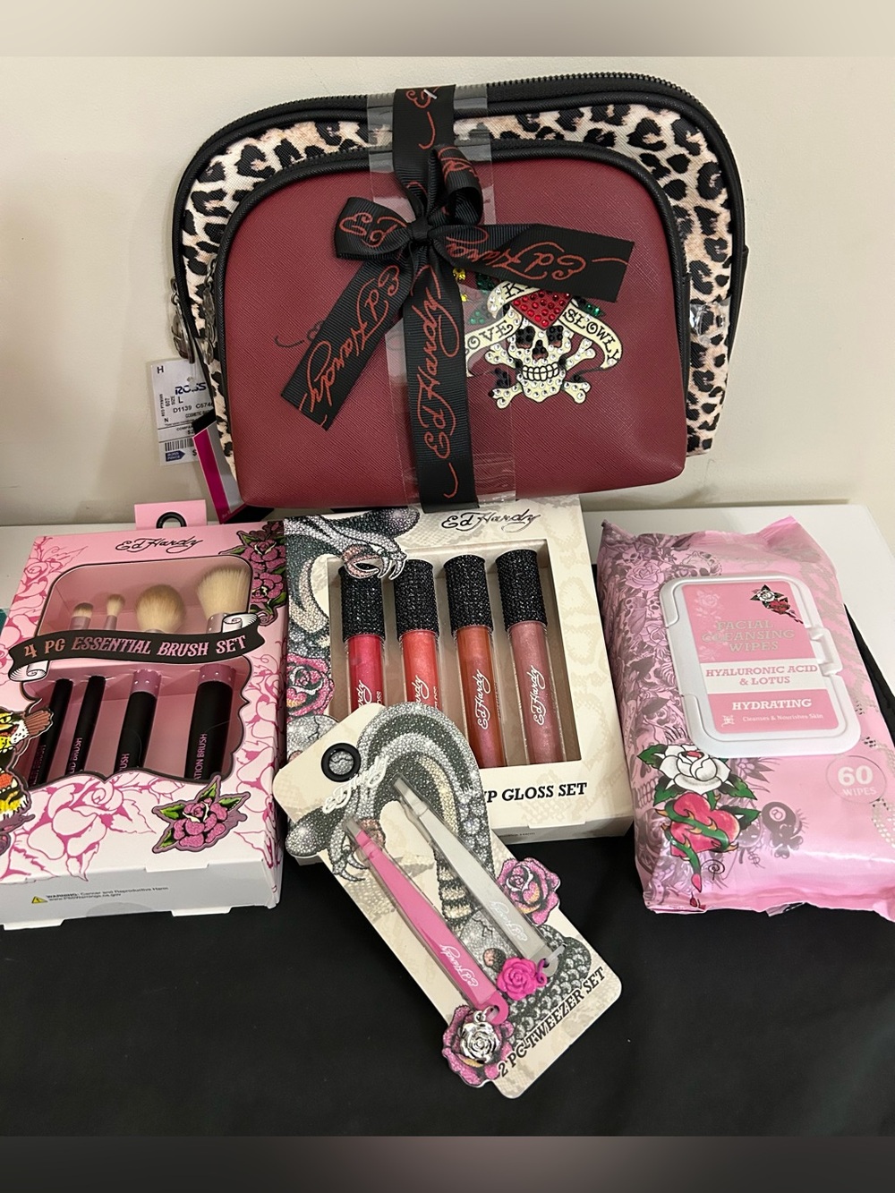 NWT Ed Hardy Burgundy and Leopard Print Cosmetic Bag Bundle